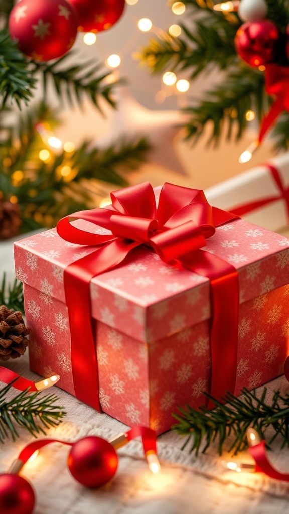 A wrapped Christmas gift box with a ribbon and festive decorations.